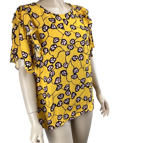 Code X Mode Top Size Large Floral Print Ruffle Sleeve Blouse‎ Yellow/Pink/Black - Picture 4 of 7